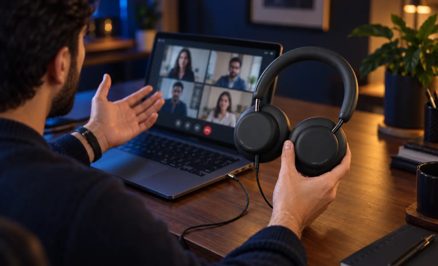 میکروفون CMF Headphone Pro با کابل کار میکند؟ کاربر با هدفون در دست مقابل تماس تصویری لپتاپ