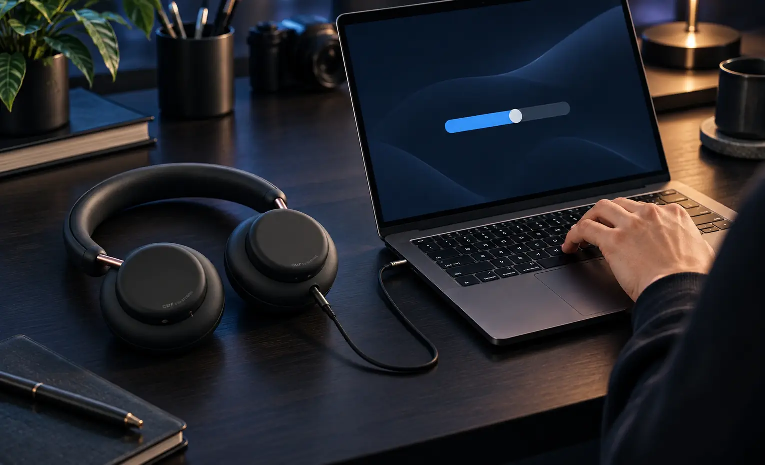 میکروفون CMF Headphone Pro با کابل کار میکند؟ هدفون متصل به لپتاپ و نوار تنظیم صدا روی نمایشگر
