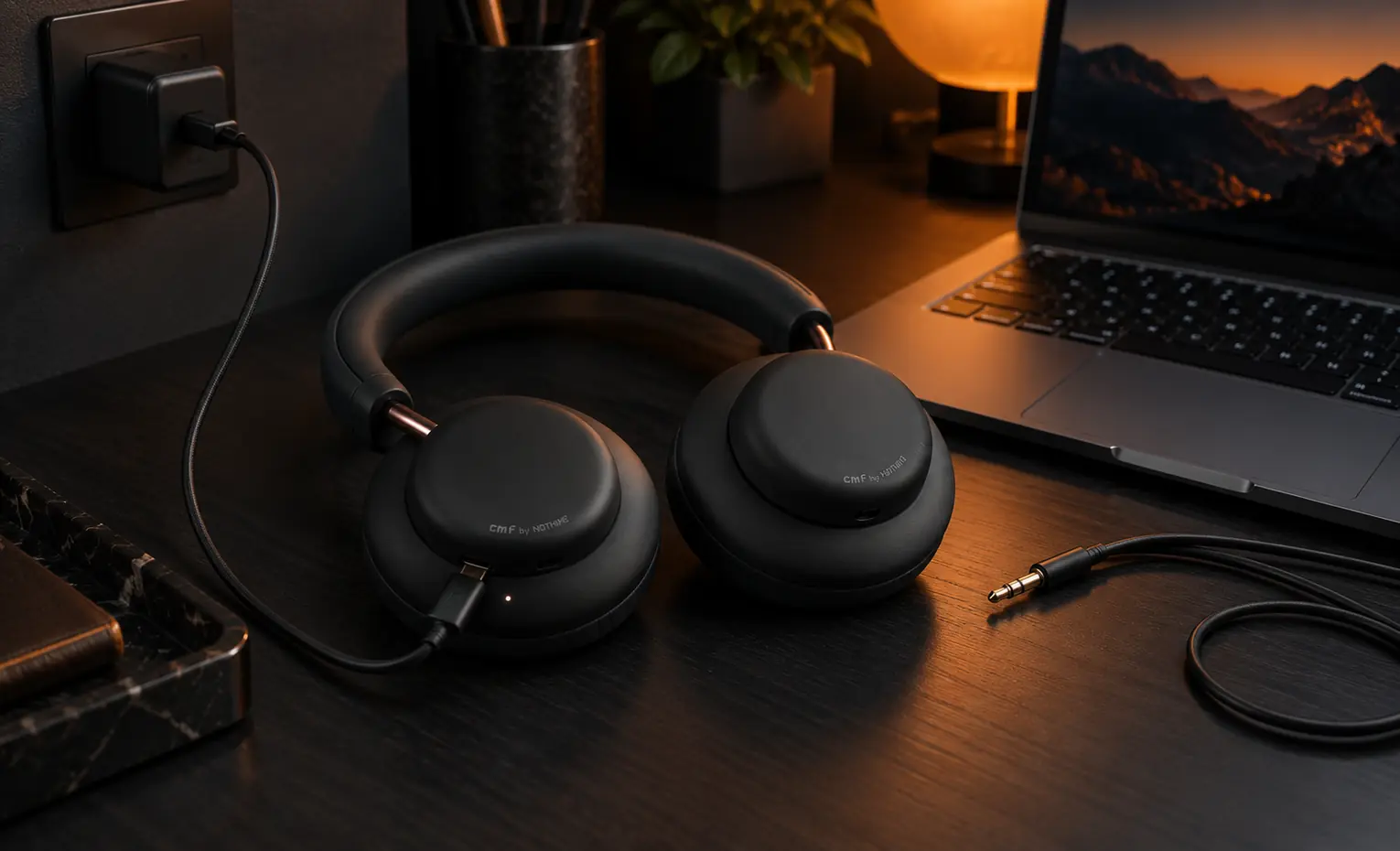 میکروفون CMF Headphone Pro با کابل کار میکند؟ هدفون مشکی کنار لپتاپ، کابل صدا و کابل شارژ