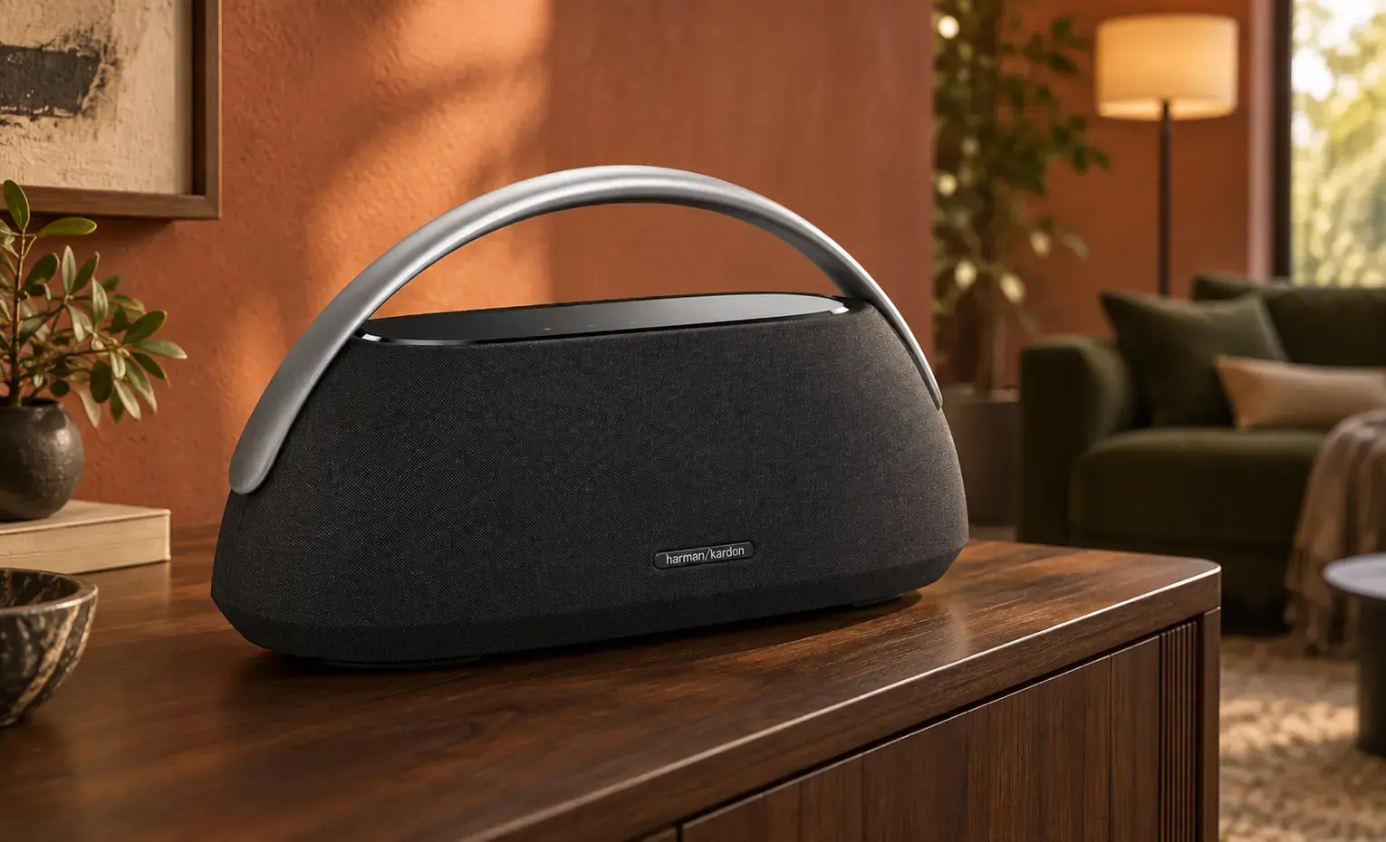 راهنمای خرید اسپیکر برای کلاس زبان (مهر 1405) اسپیکر Harman Kardon Go Play 3 با دسته فلزی روی میز چوبی
