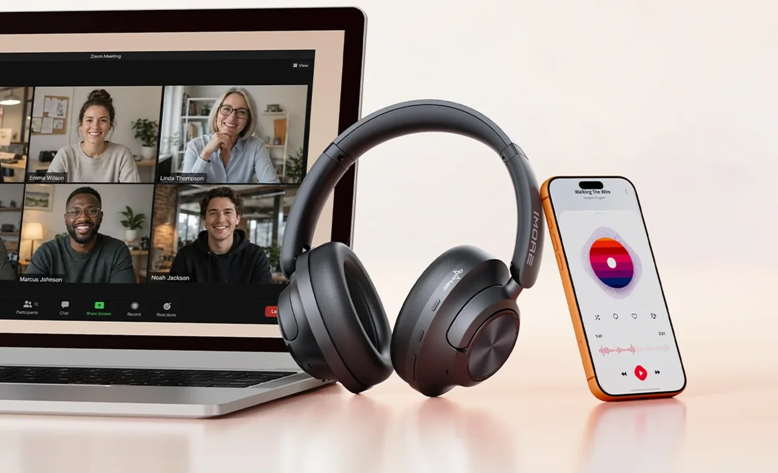 هدفون 1MORE HQ60؛ دو درایور، حذف نویز و شرایط باتری هدفون روگوشی کنار لپتاپ با تماس تصویری و گوشی پخش موسیقی