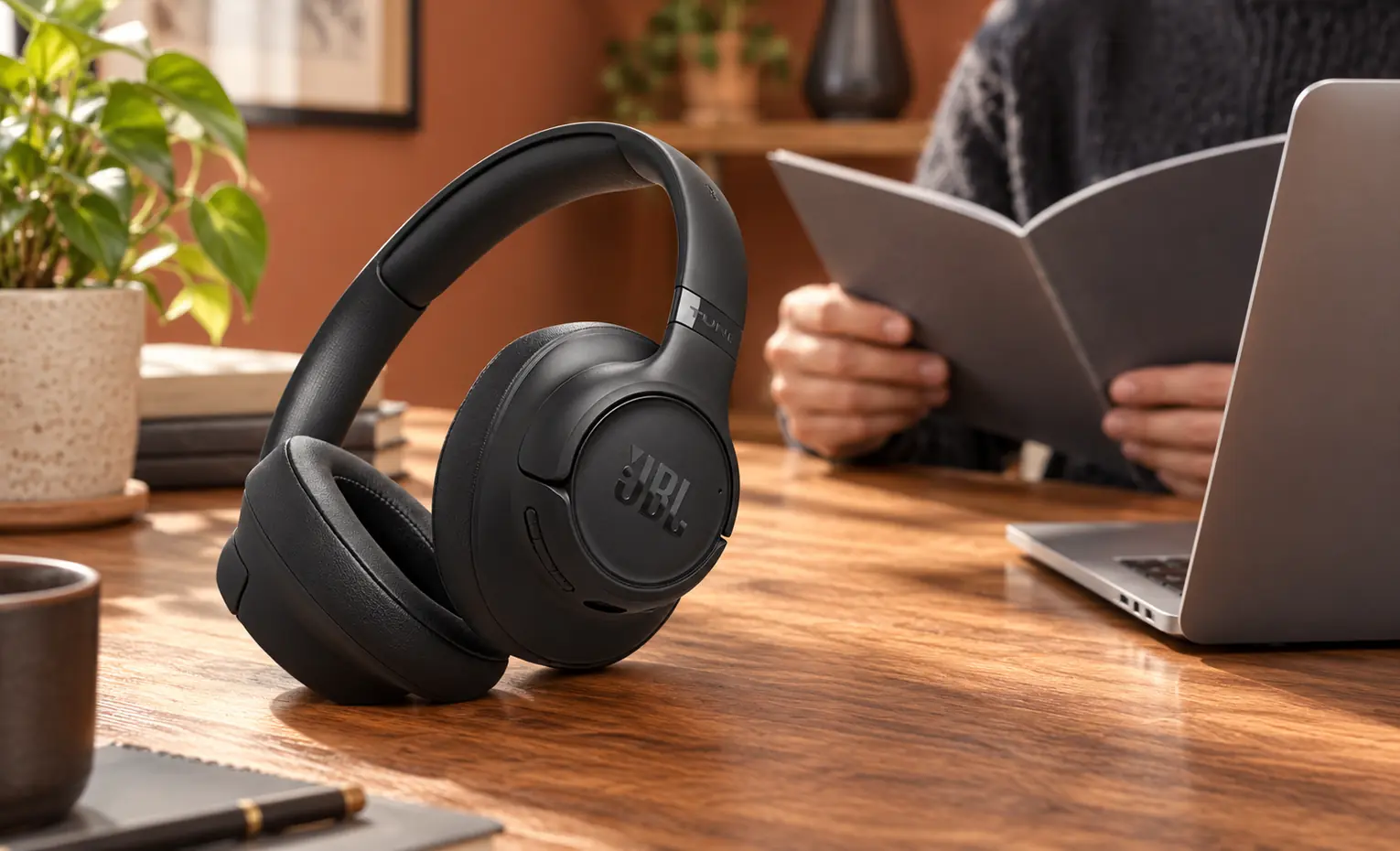 بلوتوث HDT و صدای هدفون؛ چه چیزی واقعاً تغییر میکند؟ هدفون مشکی JBL روی میز کنار لپتاپ و فرد در حال مطالعه