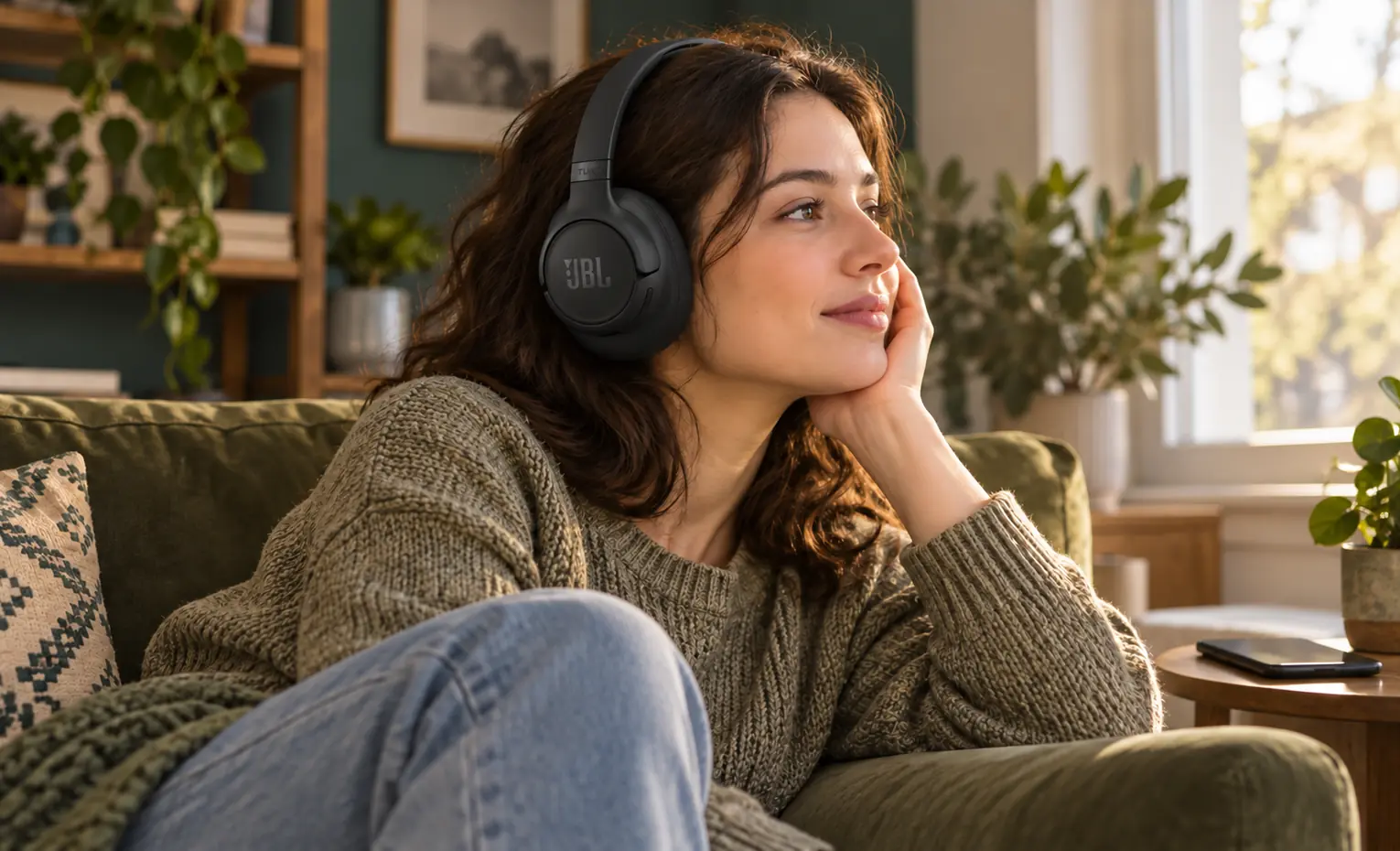 بلوتوث HDT و صدای هدفون؛ چه چیزی واقعاً تغییر میکند؟ زنی با هدفون مشکی JBL روی مبل در اتاق نشیمن