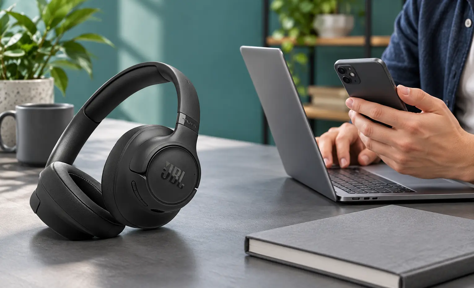 بلوتوث HDT و صدای هدفون؛ چه چیزی واقعاً تغییر میکند؟ هدفون مشکی JBL کنار لپتاپ و گوشی در دست کاربر