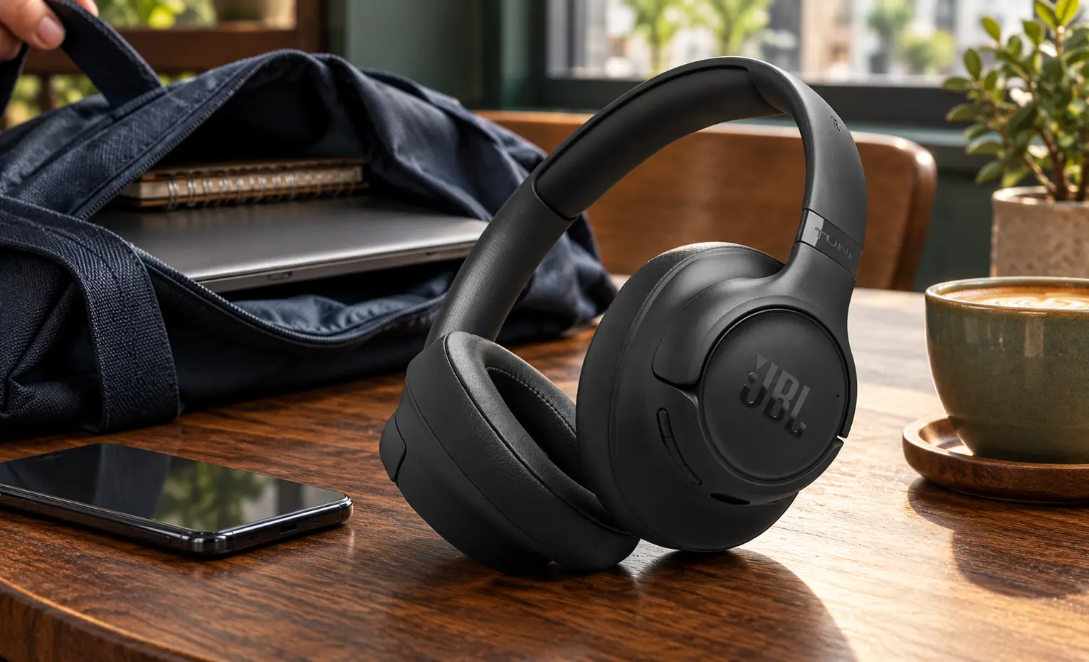 بلوتوث HDT و صدای هدفون؛ چه چیزی واقعاً تغییر میکند؟ هدفون مشکی JBL کنار گوشی، کیف و فنجان روی میز