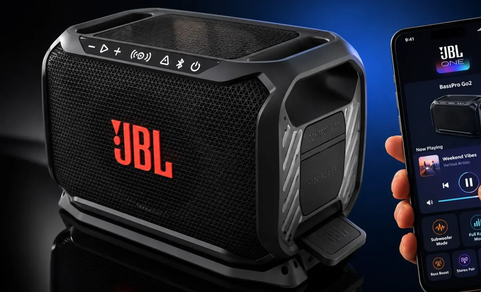 JBL BassPro Go2 با سابووفر بیسیم Auracast معرفی شد اسپیکر JBL کنار گوشی با صفحه اپلیکیشن کنترل صدا