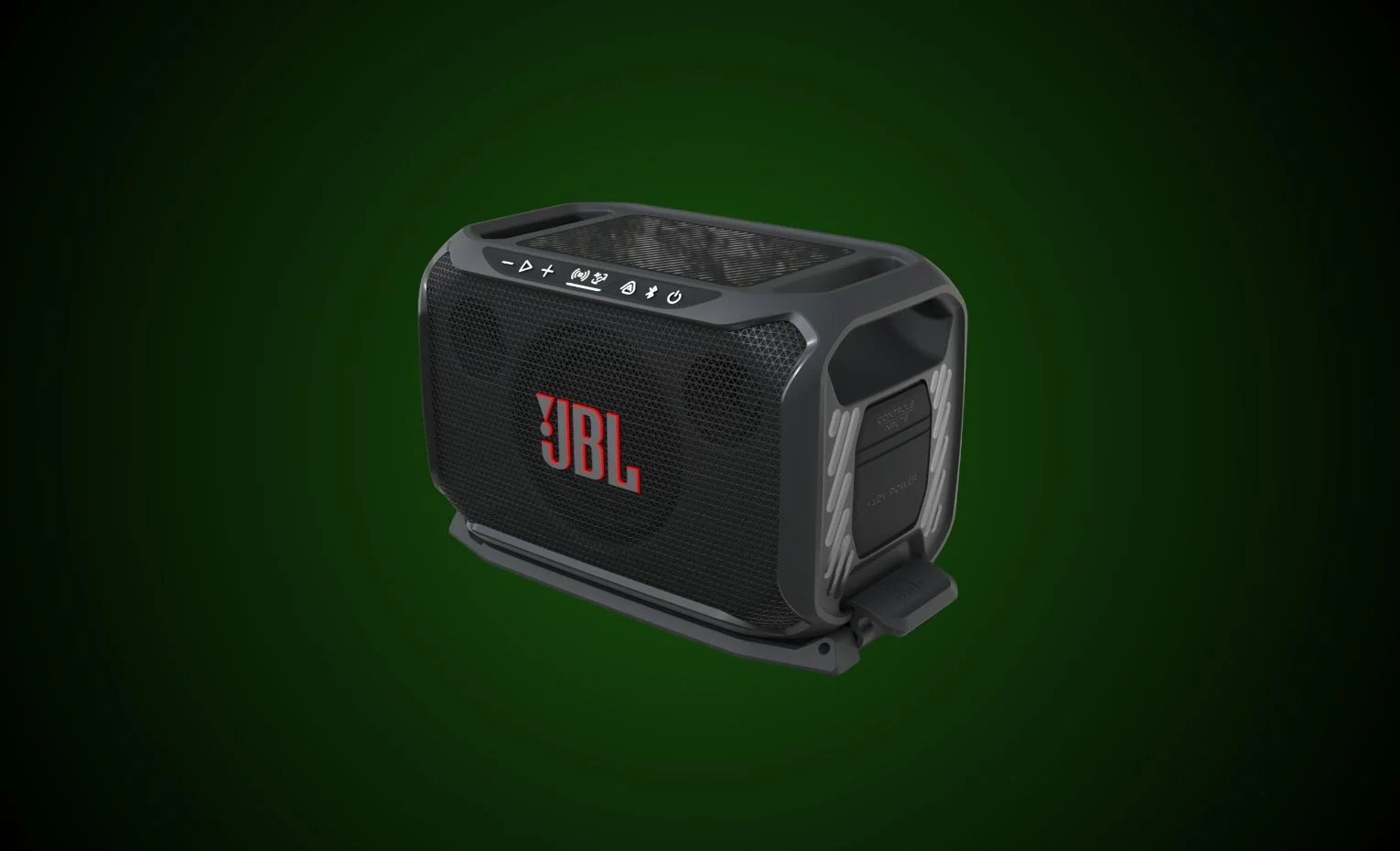 JBL BassPro Go2 با سابووفر بیسیم Auracast معرفی شد نمای سهربع اسپیکر مشکی JBL روی زمینه سبز تیره