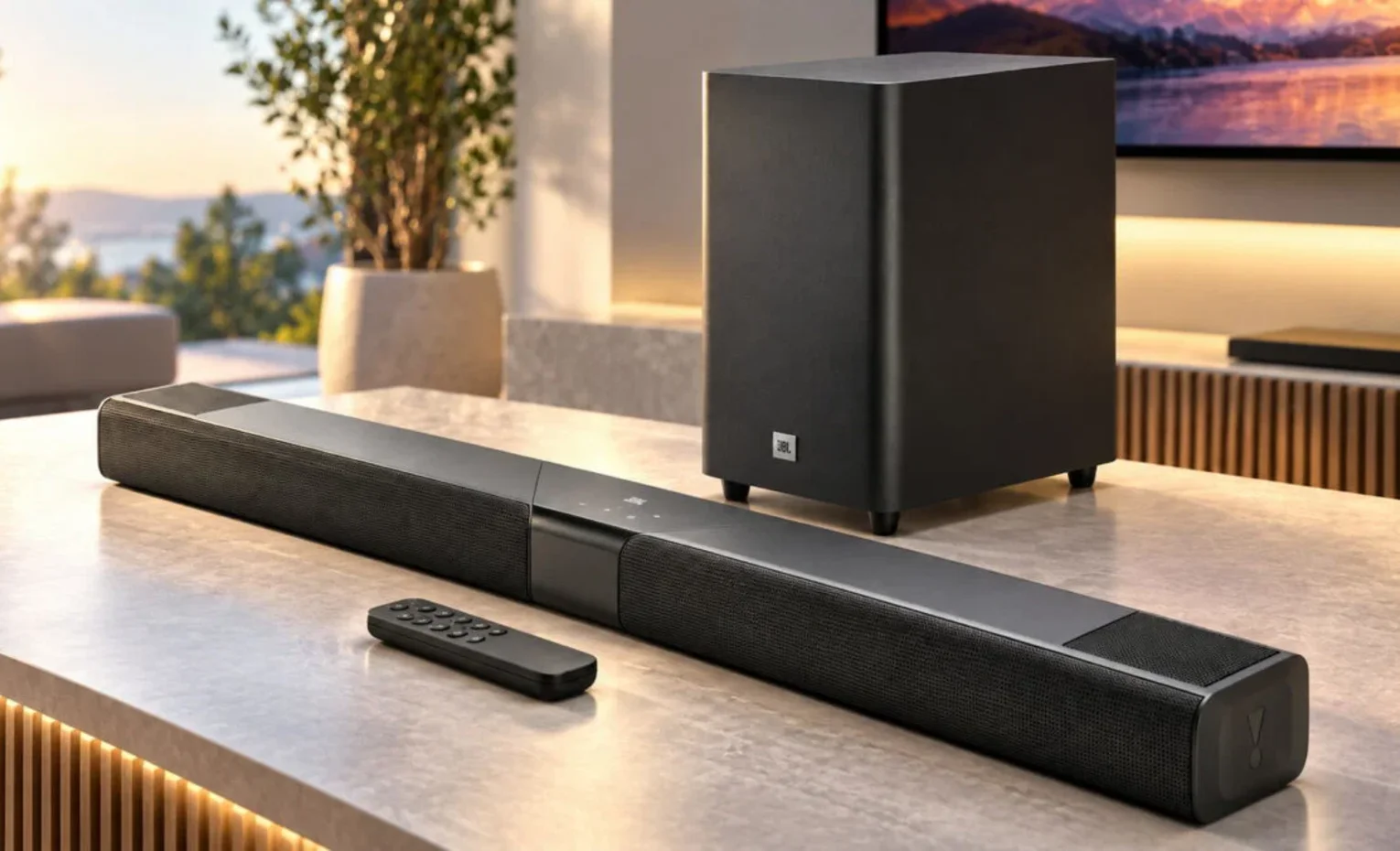 ساندبار JBL Cinema SB MK2 با اتصال به Flip 7 نمای نزدیک ساندبار JBL Cinema SB با سابووفر و ریموت