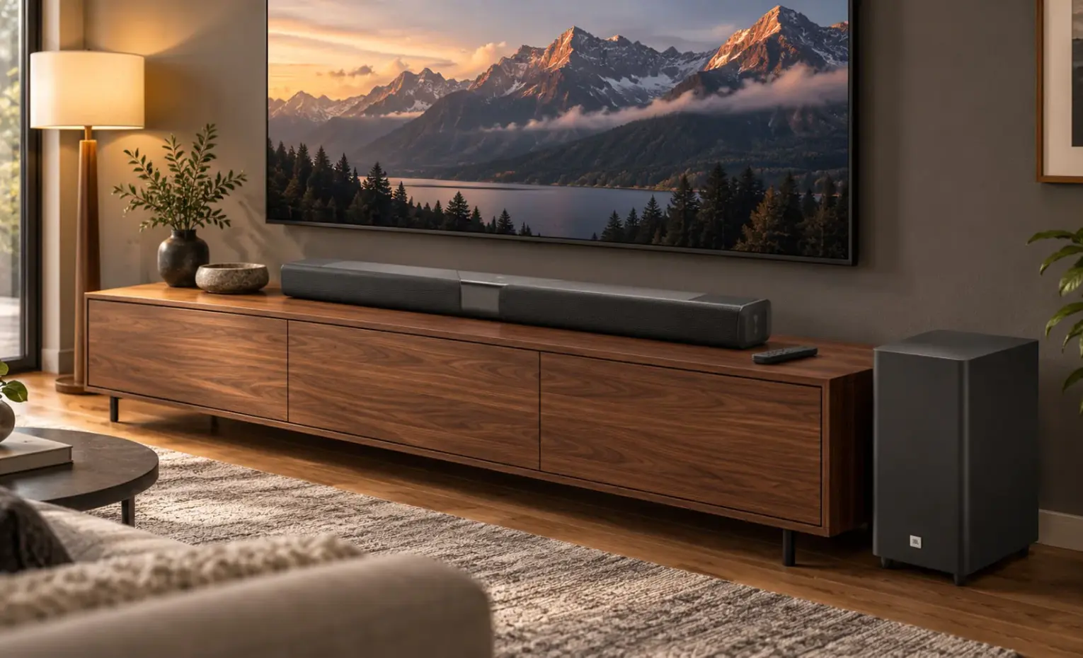 ساندبار JBL Cinema SB MK2 با اتصال به Flip 7 ساندبار JBL Cinema SB زیر تلویزیون و سابووفر کنار میز