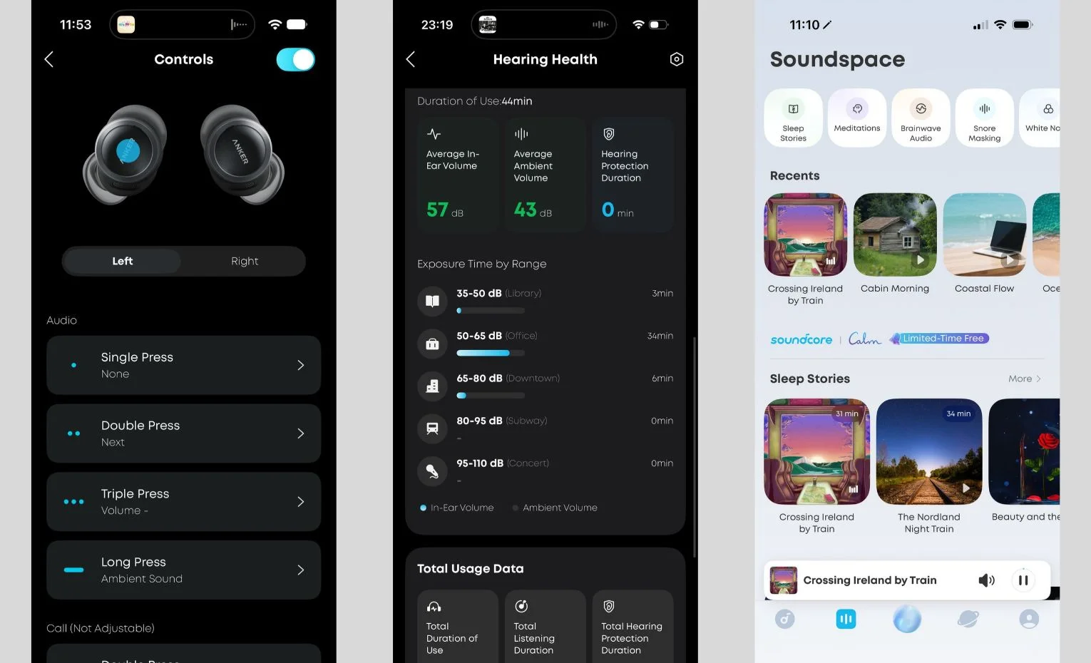 صفحههای اپلیکیشن Soundcore شامل کنترلها، محافظت شنوایی و صداهای محیطی