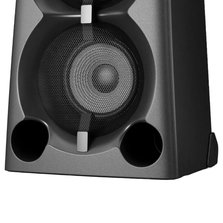 عکس اسپیکر Sony MHC-V90DW مشکی، نمای نزدیک بخش پایینی بدنه و بلندگو