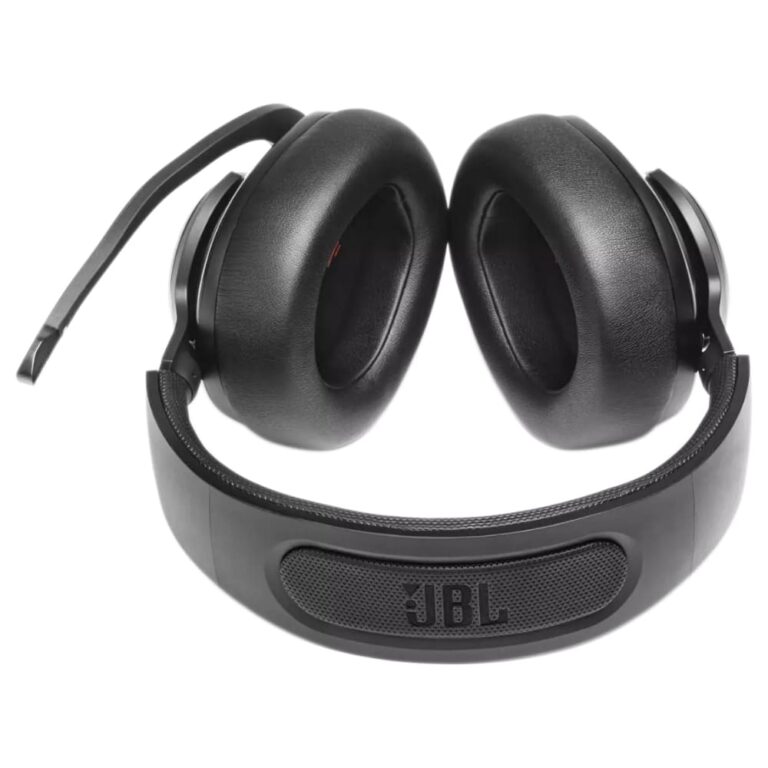 عکس هدفون JBL Quantum 400 مشکی در حالت خوابیده، با نمایش پدها و هدبند
