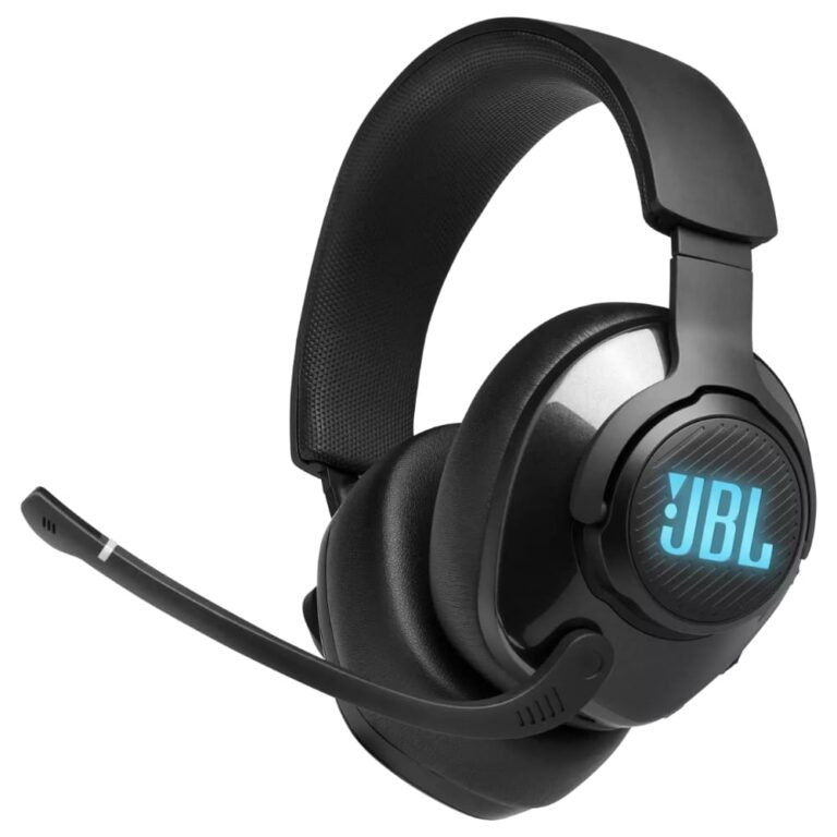 عکس هدفون JBL Quantum 400 مشکی از زاویه، با میکروفون و نورپردازی فیروزه‌ای
