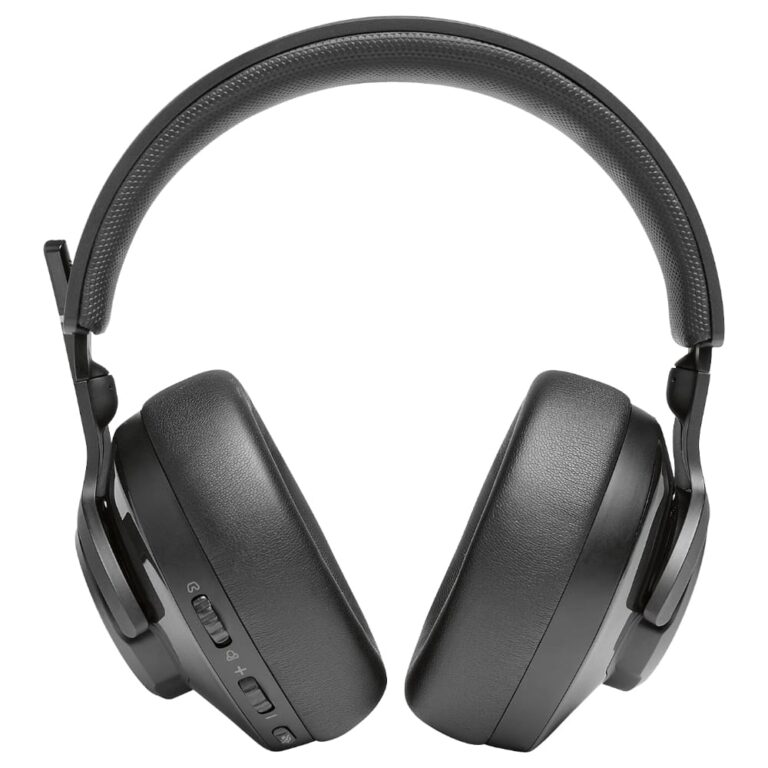 عکس هدفون JBL Quantum 400 مشکی از روبه‌رو، با نمایش دکمه‌های روی کاپ
