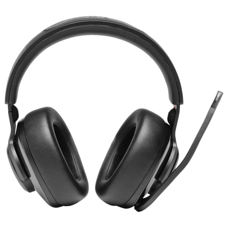 عکس هدفون JBL Quantum 400 مشکی از روبه‌رو، با میکروفون بالا‌رفته