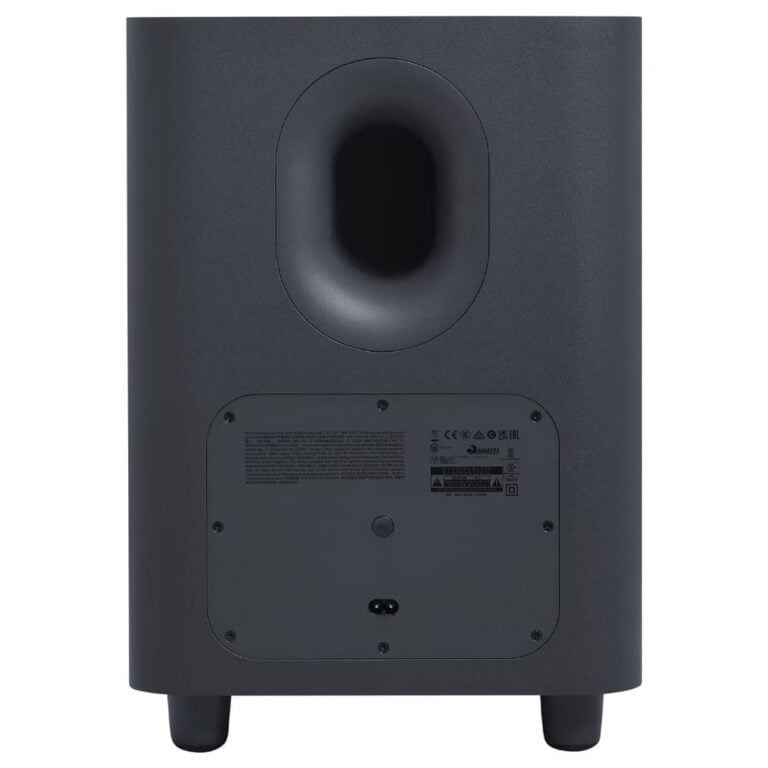 عکس ساب‌ووفر JBL Bar 800 مشکی از پشت، با دریچه و پنل پشتی
