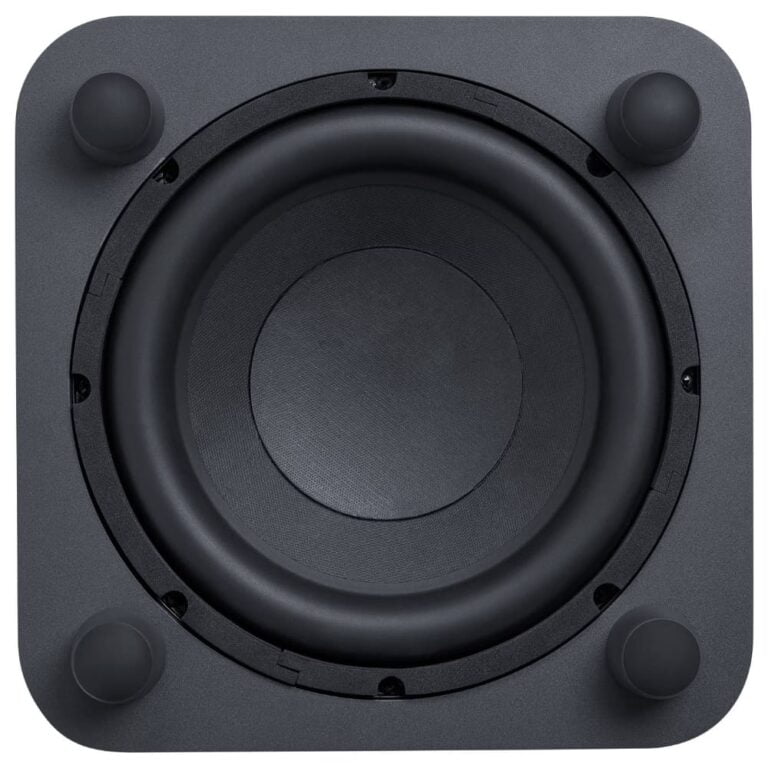 عکس ساب‌ووفر JBL Bar 800 مشکی از زیر، با درایور و پایه‌ها