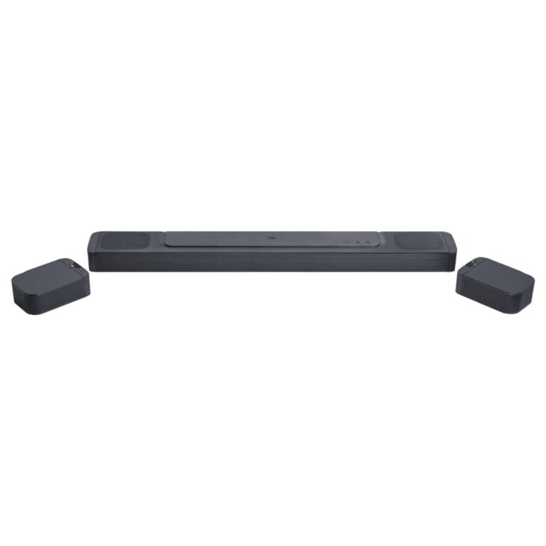 عکس ساندبار JBL Bar 800 مشکی همراه دو اسپیکر جداشده از زاویهٔ بالا