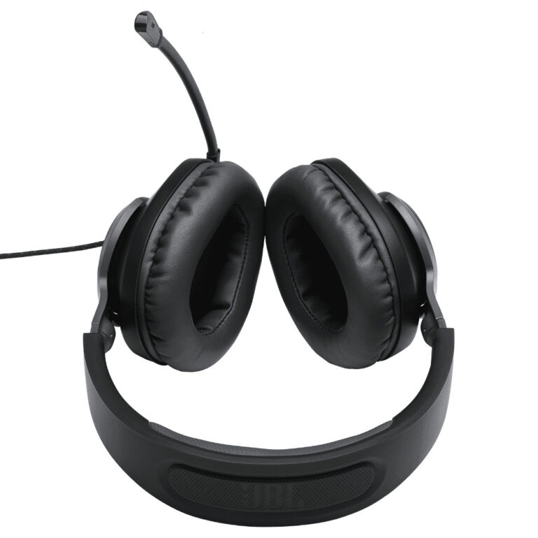 عکس هدفون JBL Quantum 100 مشکی در حالت خوابیده، با نمایش پدها و میکروفون