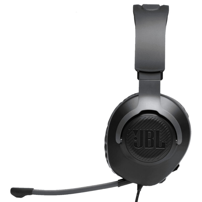 عکس هدفون JBL Quantum 100 مشکی از کنار، با میکروفون متصل