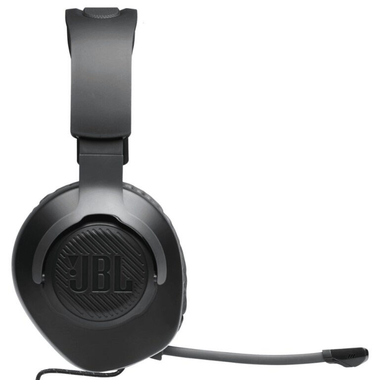 عکس هدفون JBL Quantum 100 مشکی از کنار، با میکروفون متصل