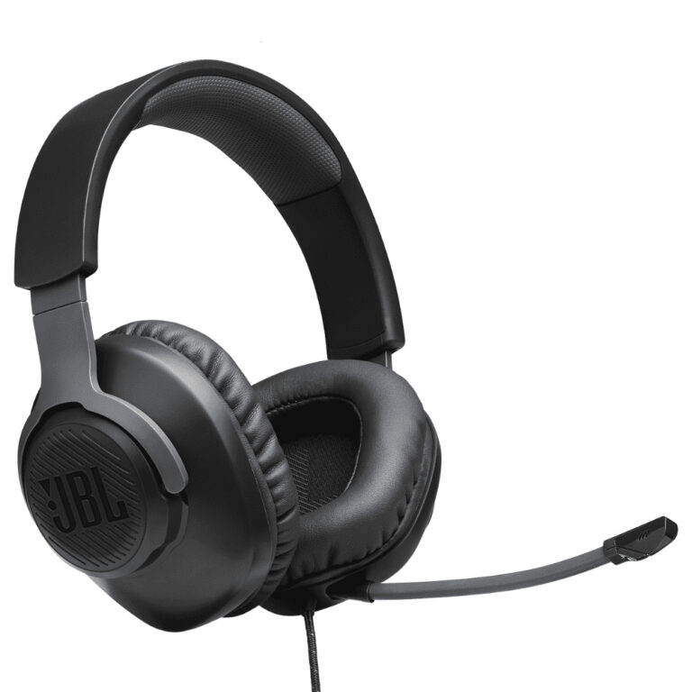 عکس هدفون JBL Quantum 100 مشکی از زاویهٔ مقابل، با میکروفون متصل