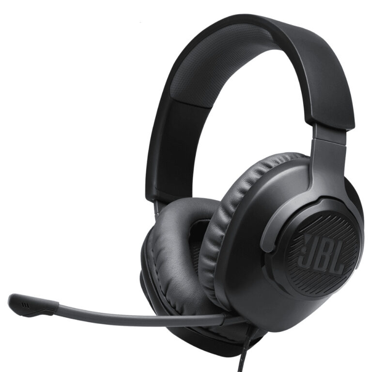 عکس هدفون JBL Quantum 100 مشکی از زاویه، با میکروفون متصل