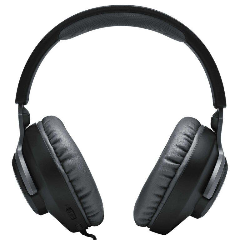 عکس هدفون JBL Quantum 100 مشکی از روبه‌رو، با نمایش پدهای گوشی‌ها