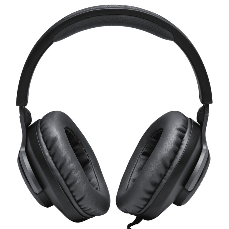 عکس هدفون JBL Quantum 100 مشکی از روبه‌رو و کمی مایل، با نمایش پدها