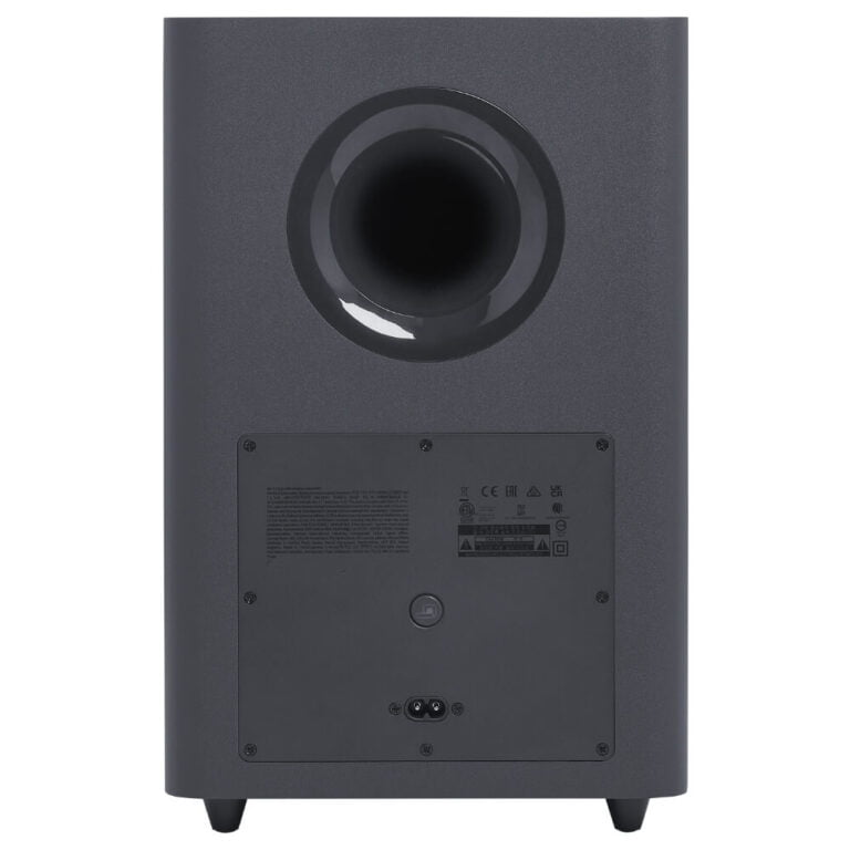 عکس ساب‌ووفر JBL Bar 2.1 Deep Bass MK2 مشکی از پشت، با دهانهٔ گرد و پنل اتصال