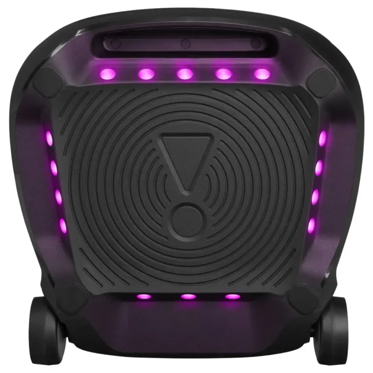 عکس اسپیکر JBL PartyBox Ultimate مشکی، نمای زیر بدنه و چرخ‌ها با نورپردازی بنفش
