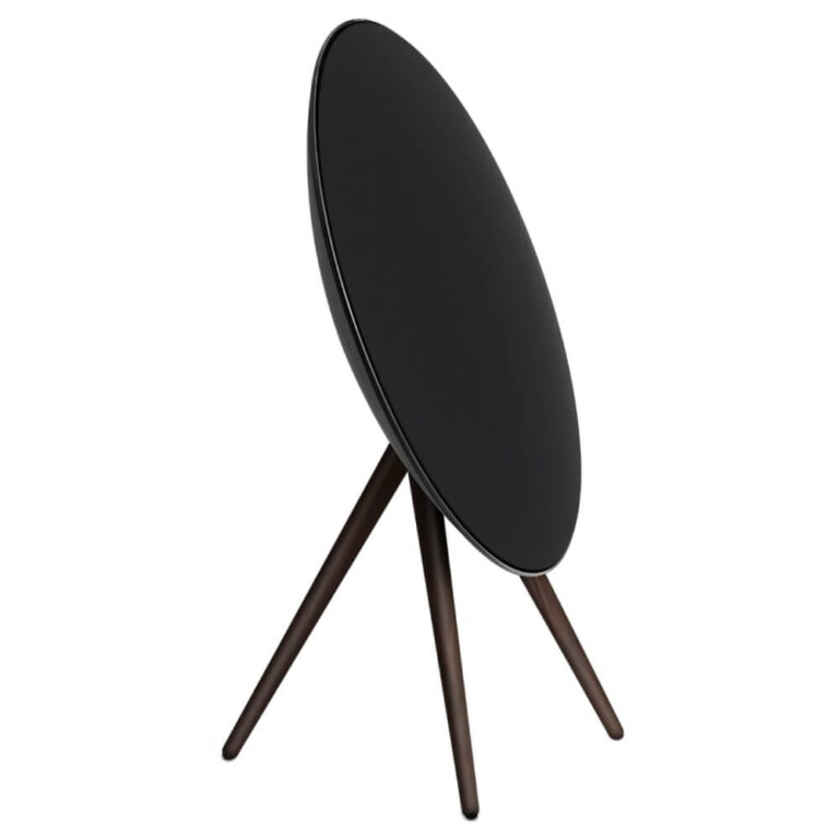عکس اسپیکر Bang & Olufsen A9 مشکی از پهلو، با پایه‌های تیره