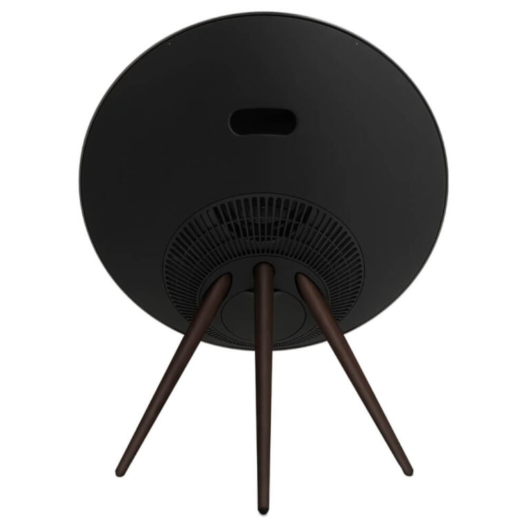 عکس اسپیکر Bang & Olufsen A9 مشکی از پشت، با دستگیره و پایه‌های تیره