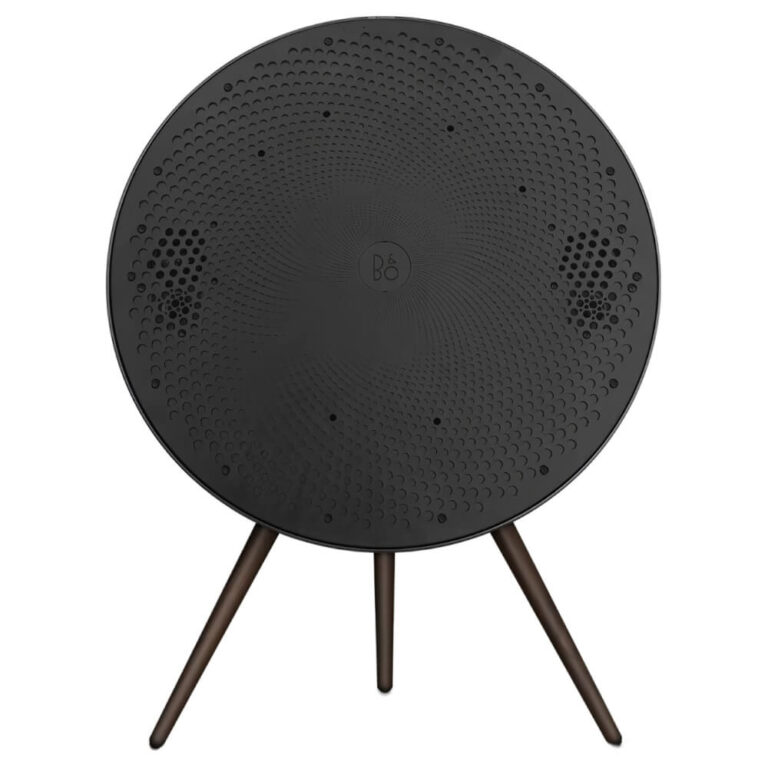 عکس اسپیکر Bang & Olufsen A9 با پوشش جلو برداشته‌شده و پایه‌های تیره