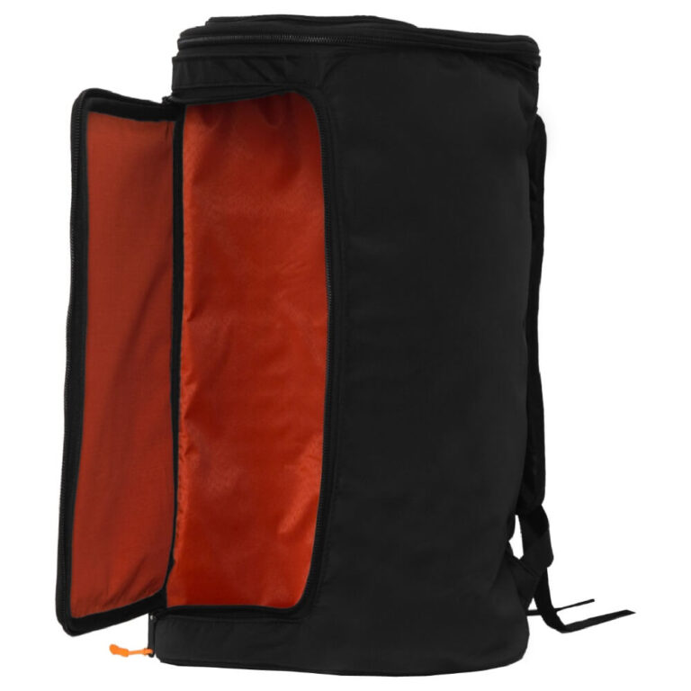 عکس کیف اسپیکر JBL PartyBox 110 نسل 2 مشکی، با بخش جلویی باز و آستر نارنجی