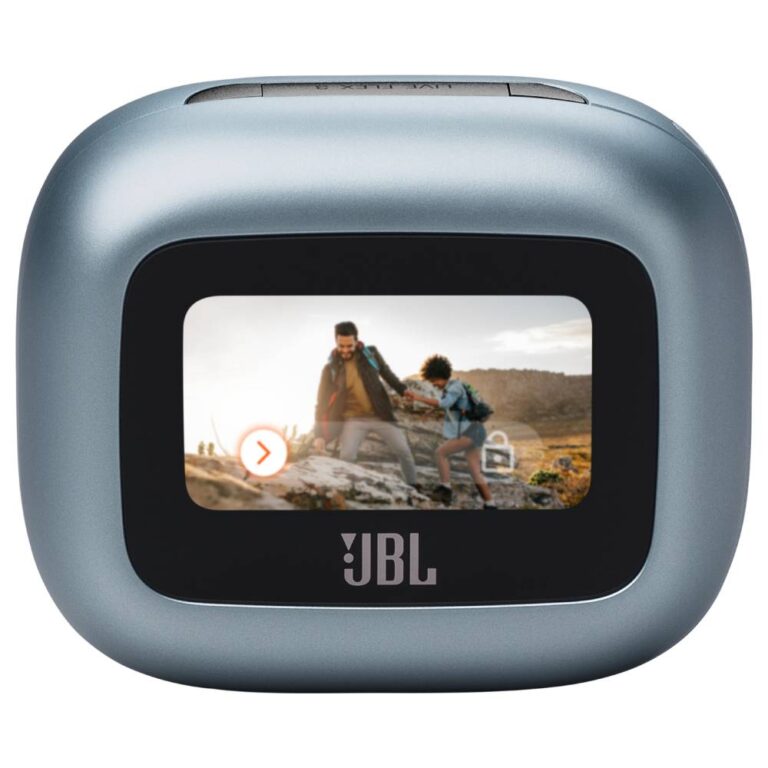 عکس کیس شارژ هندزفری JBL Live Flex 3 آبی با درِ بسته و نمایشگر روشن از بالا