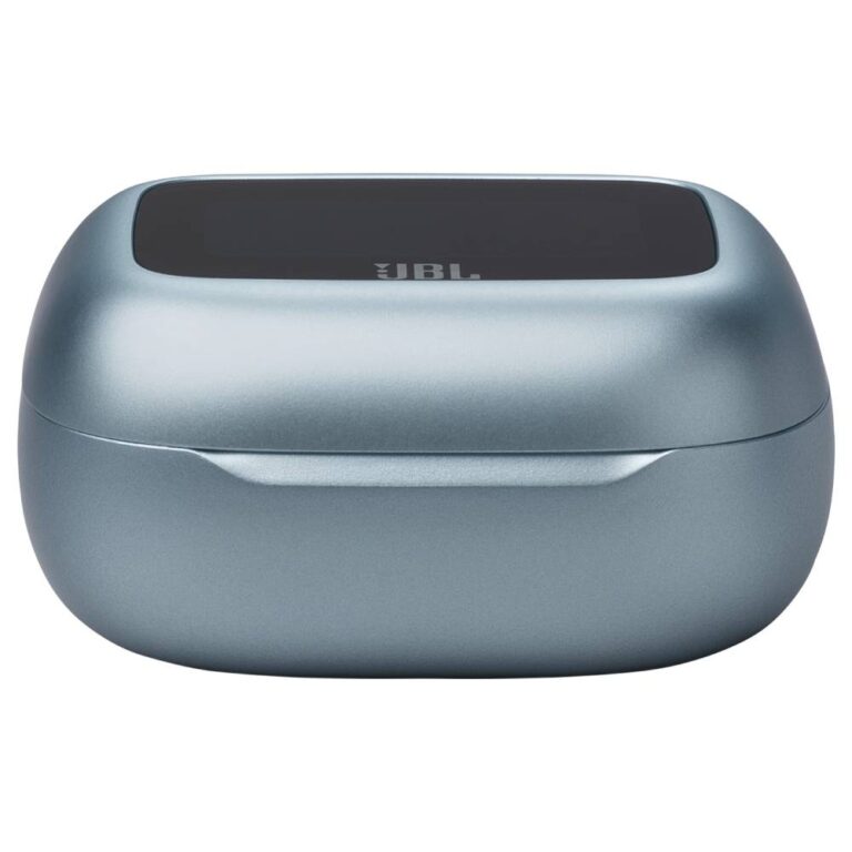 عکس کیس شارژ هندزفری JBL Live Flex 3 آبی با درِ بسته از زاویهٔ جلو
