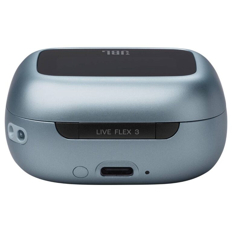 عکس کیس شارژ هندزفری JBL Live Flex 3 آبی از پشت، با درگاه شارژ