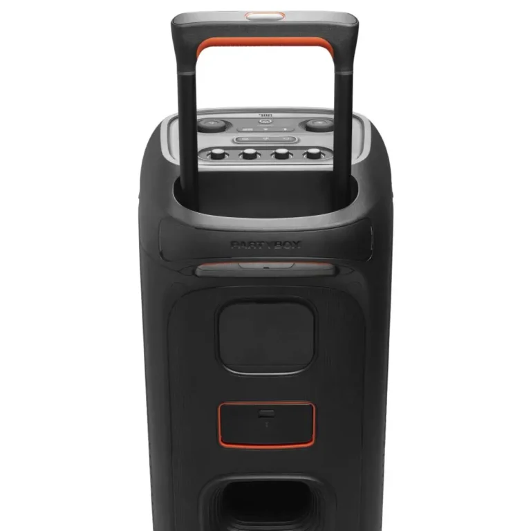 عکس اسپیکر JBL PartyBox Stage 320 مشکی از پشت، با دستهٔ باز