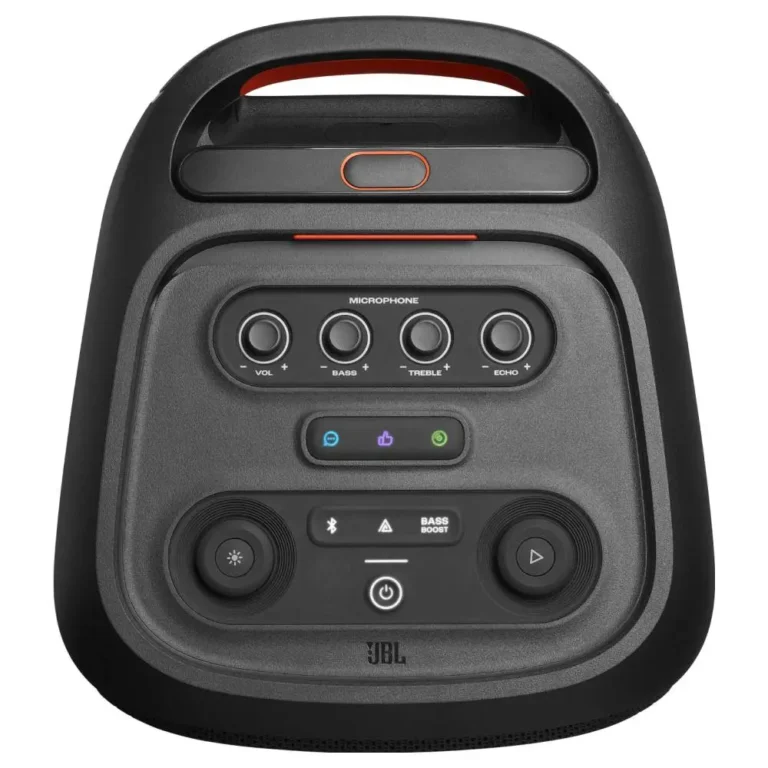 عکس اسپیکر JBL PartyBox Stage 320 مشکی، نمای پنل کنترل و دسته از بالا