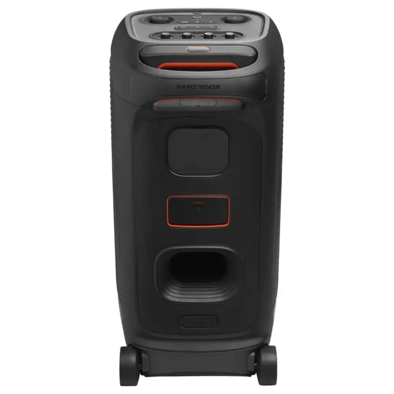 عکس اسپیکر JBL PartyBox Stage 320 مشکی از پشت، با دستهٔ بسته