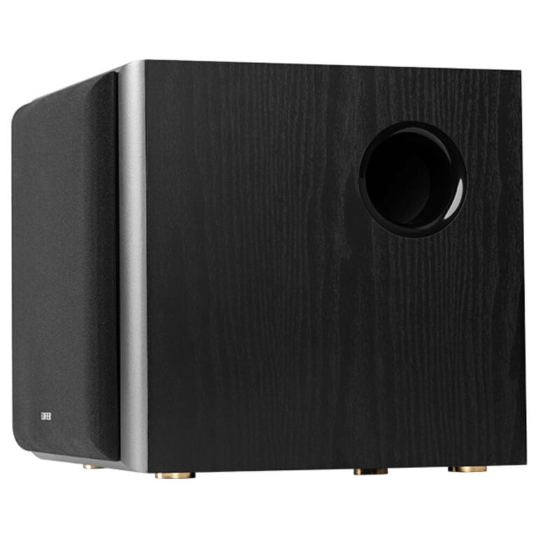 عکس ساب‌ووفر Edifier M601DB مشکی از کنار، با دهانهٔ گرد روی بدنه