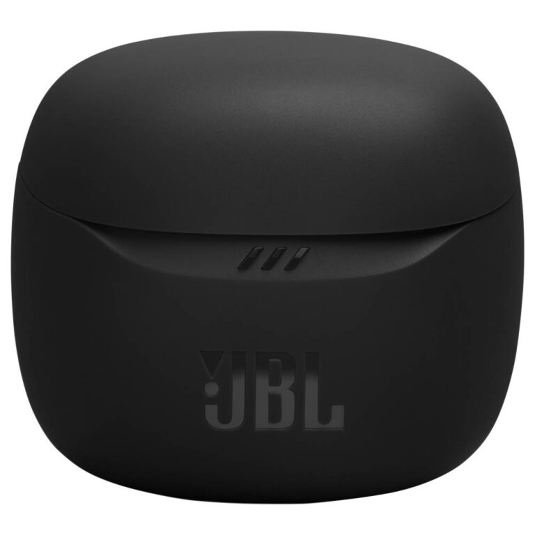 عکس کیس شارژ هندزفری JBL Tune Flex 2 مشکی با درِ بسته از روبه‌رو
