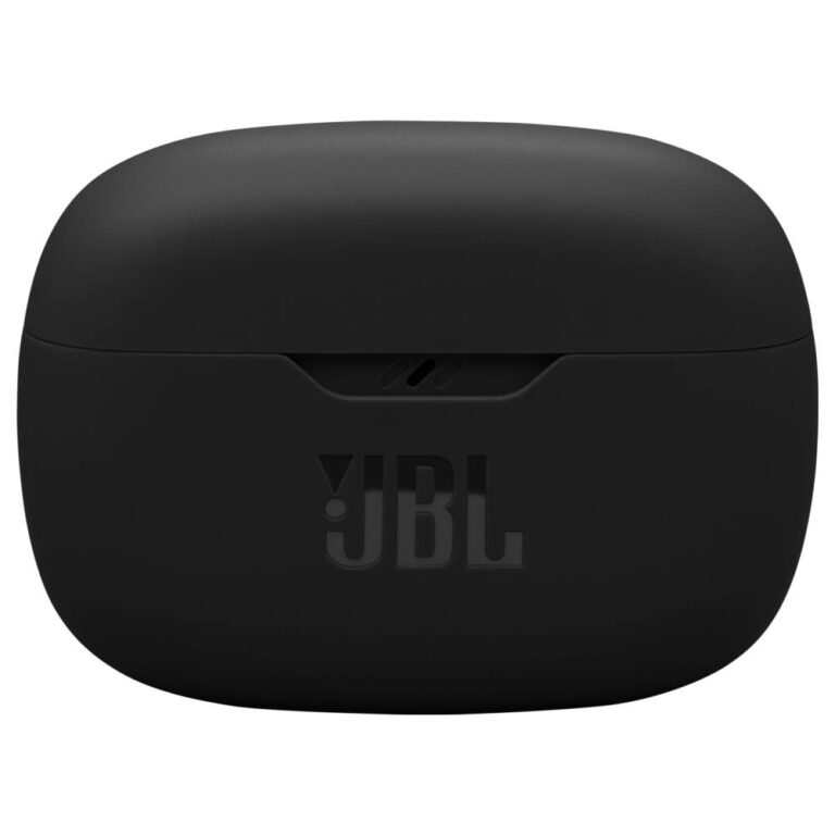 عکس کیس شارژ هندزفری JBL Wave Beam 2 مشکی با درِ بسته از روبه‌رو