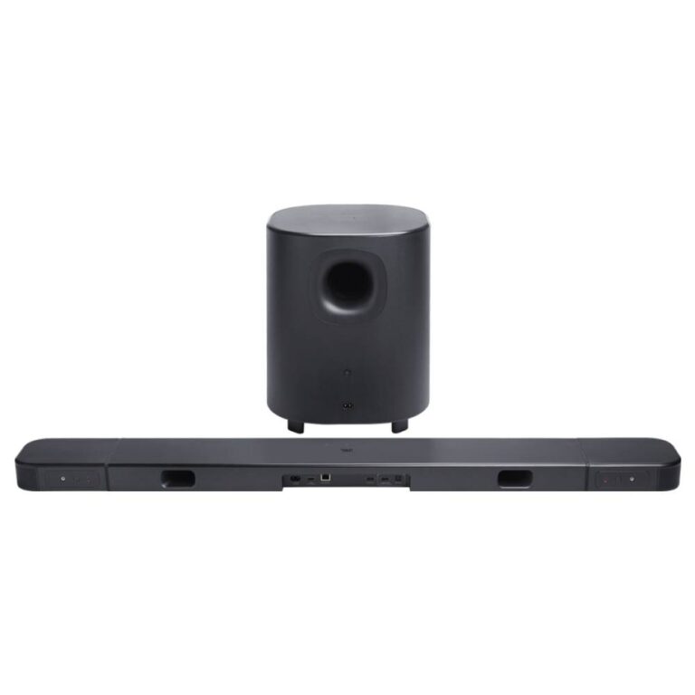 عکس ساندبار JBL Bar 800 MK2 مشکی همراه ساب‌ووفر از پشت، با درگاه‌های اتصال