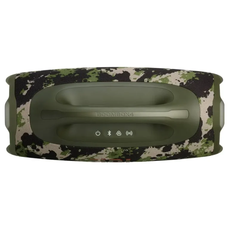 عکس اسپیکر جی بی ال Boombox 4 طرح چریکی سبز، از بالا با دسته و دکمه‌ها