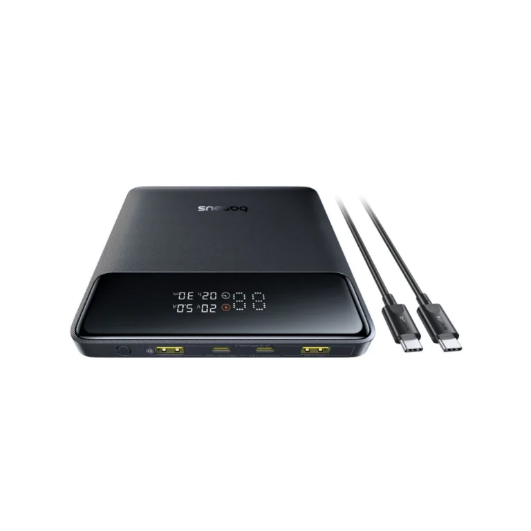 عکس پاوربانک Baseus Blade H1 مشکی از زاویه، همراه کابل USB-C