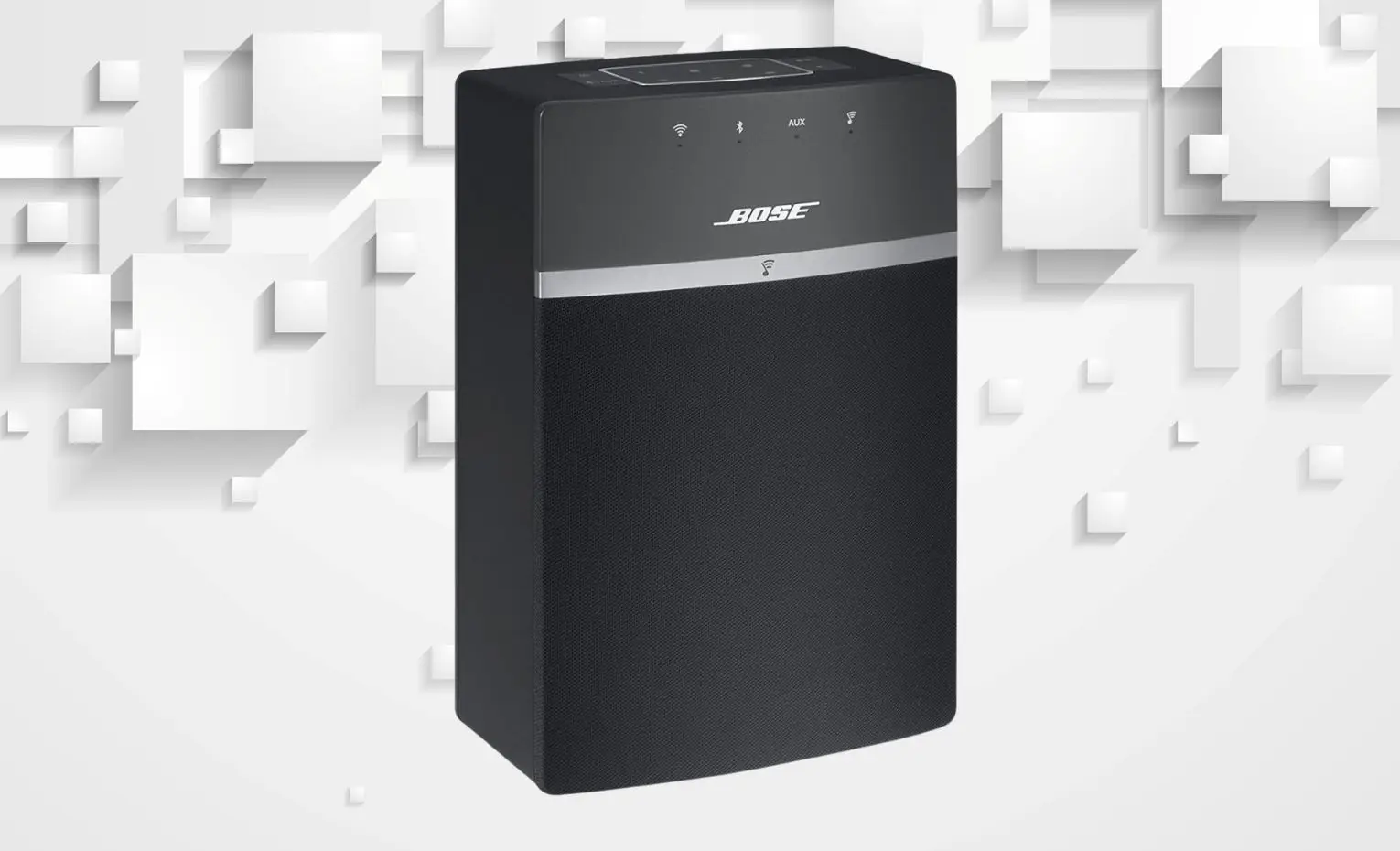 اسپیکر بوز، پایان پلتفرم ابری SoundTouch اسپیکر مشکی Bose SoundTouch با نوار نقرهای در نمای روبهرو