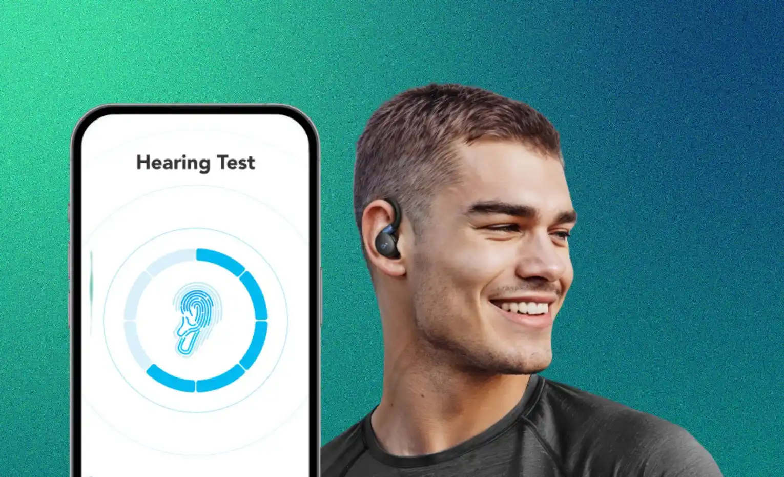 هندزفری انکر Soundcore Sport X20، بررسی برای ورزش و دویدن کاربر با هندزفری Sport X20 کنار صفحه Hearing Test اپلیکیشن