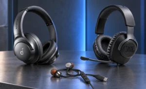 هدفون Soundcore، هدست میکروفون‌دار JBL و هندزفری سیمی روی میز